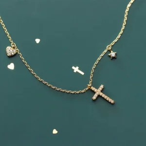 1a5e0988ef0c5a89d06cb135aeb82ac0 Sterling Silver Diamond Cross Heart & Star Necklace