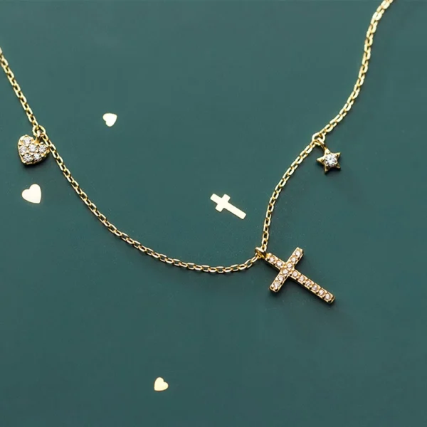 1a5e0988ef0c5a89d06cb135aeb82ac0 Sterling Silver Diamond Cross Heart & Star Necklace