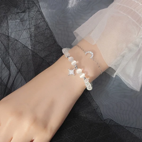 Sterling Silver Moon & Star Chrysoberyl Crystal Dual Bracelet